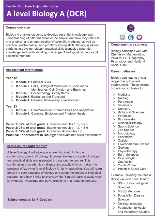 LS Subject sheet KS5 Biology
