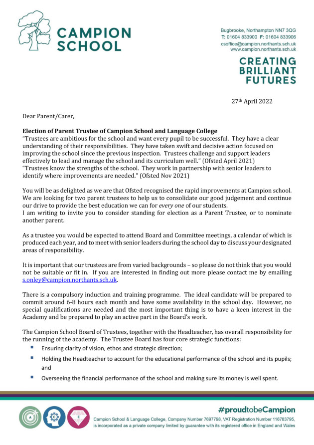 Letter to Parents and Carers - Parent Trustee Vacancy April 2022-1