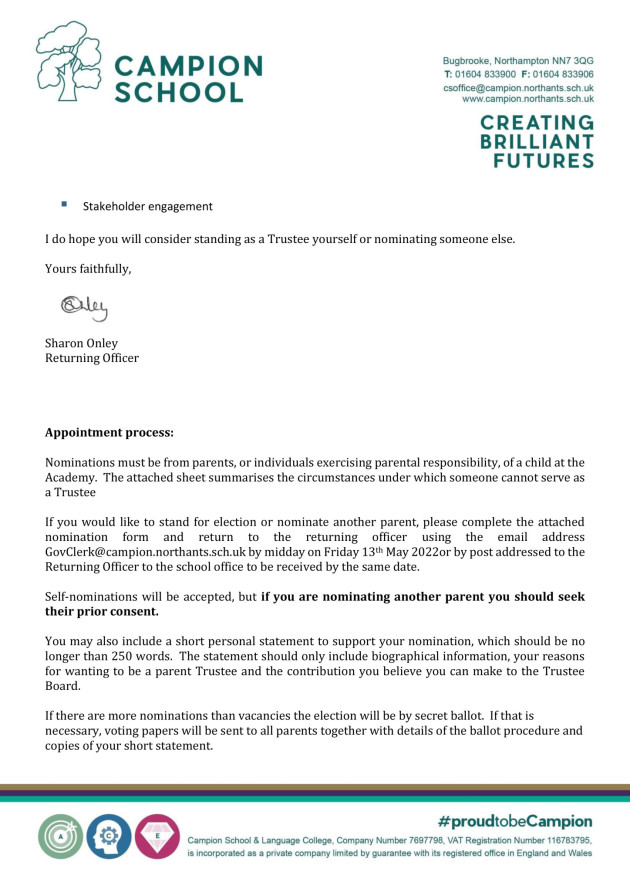 Letter to Parents and Carers - Parent Trustee Vacancy April 2022-2